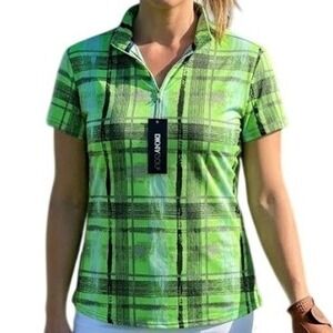 DKNY Golf Womens Lime Green Plaid 1/4 Zip Short Sleeve Polo Shirt Large NWT